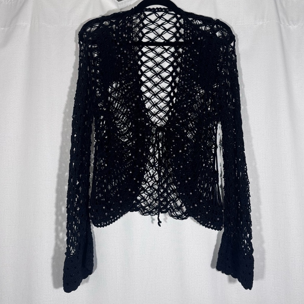 Vintage Black Open Knit Pearl Beaded Cardigan